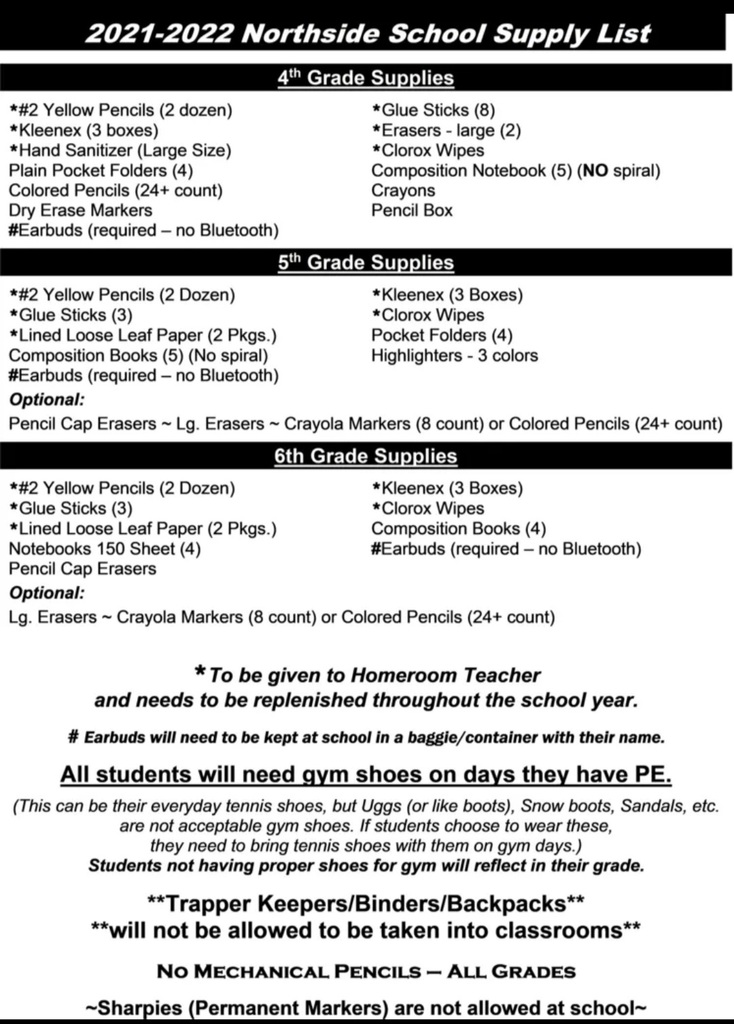 2021-2022 Northside School Supply List