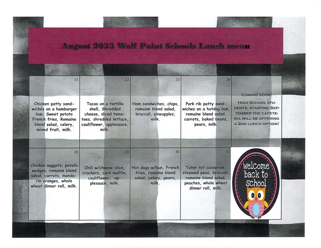 Wolves 2023 August Lunch Menu
