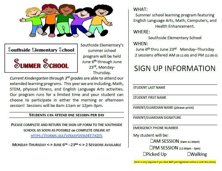 REGISTRATION 2022 Summer School Southside Elementary